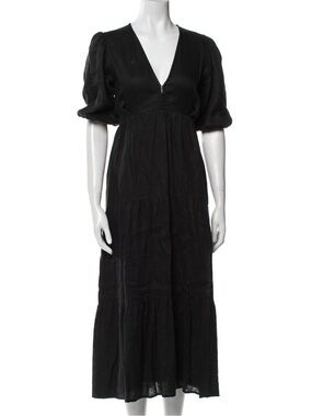 Faithfull The Brand Black Linen V-Neck Puff Sleeve Midi Dress